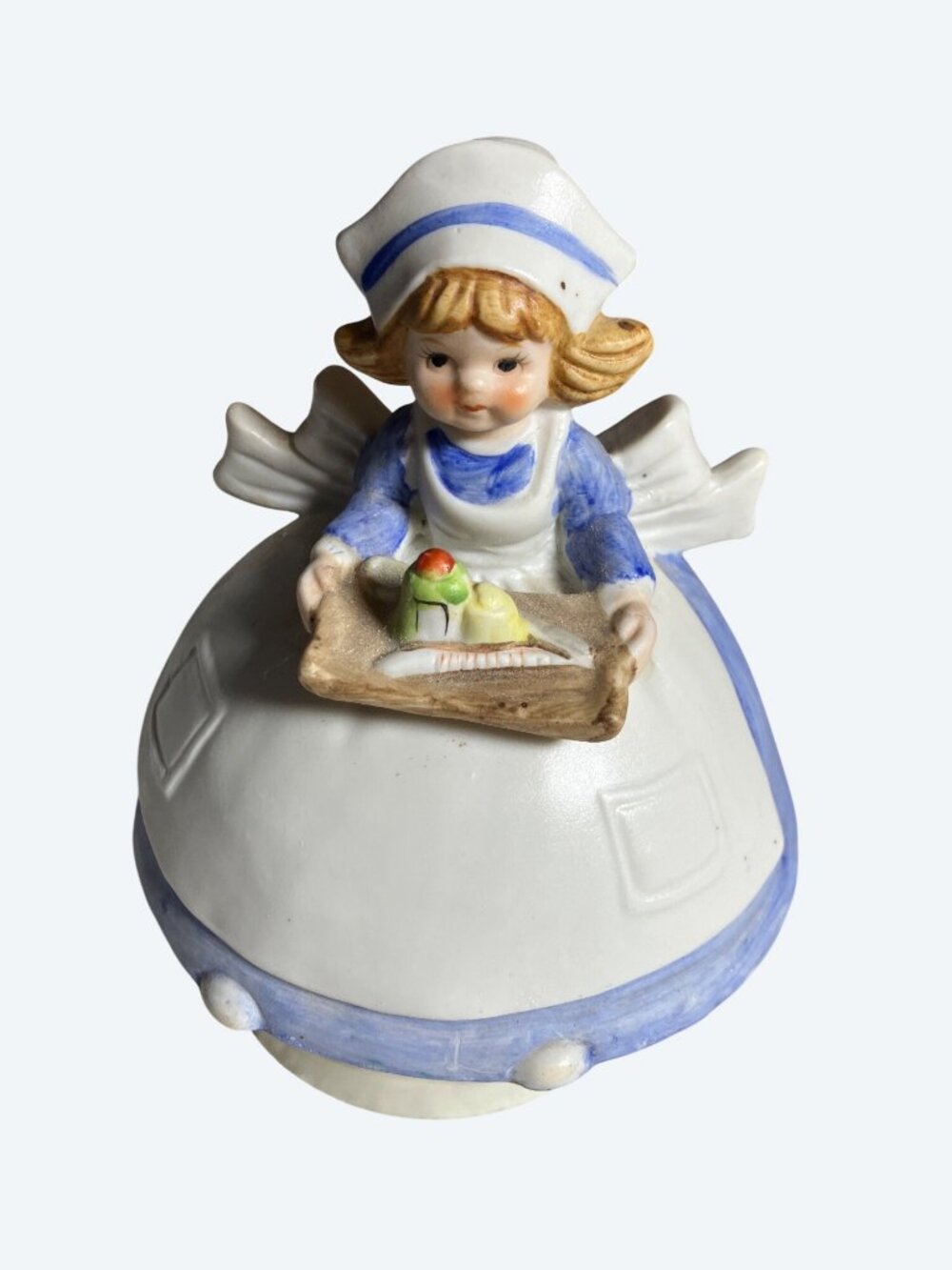 Ceramic Nurse Music Box Figurine With Serving Tray Blue & White Home Décor